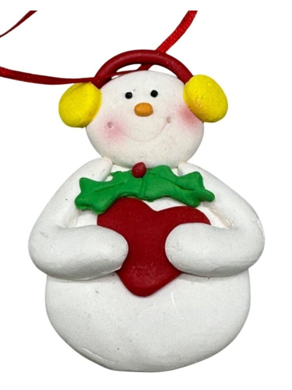 Christmas tree ornament snowman heart holly ear muffs white red 3" smiles READ